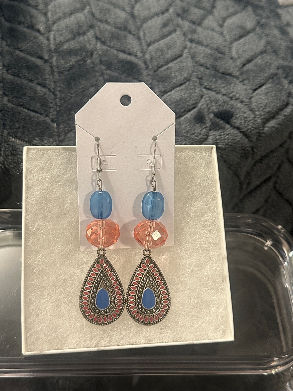Handmade Earrings. Blue and Coral Teardrop Dangle Earrings - Women Jewelry